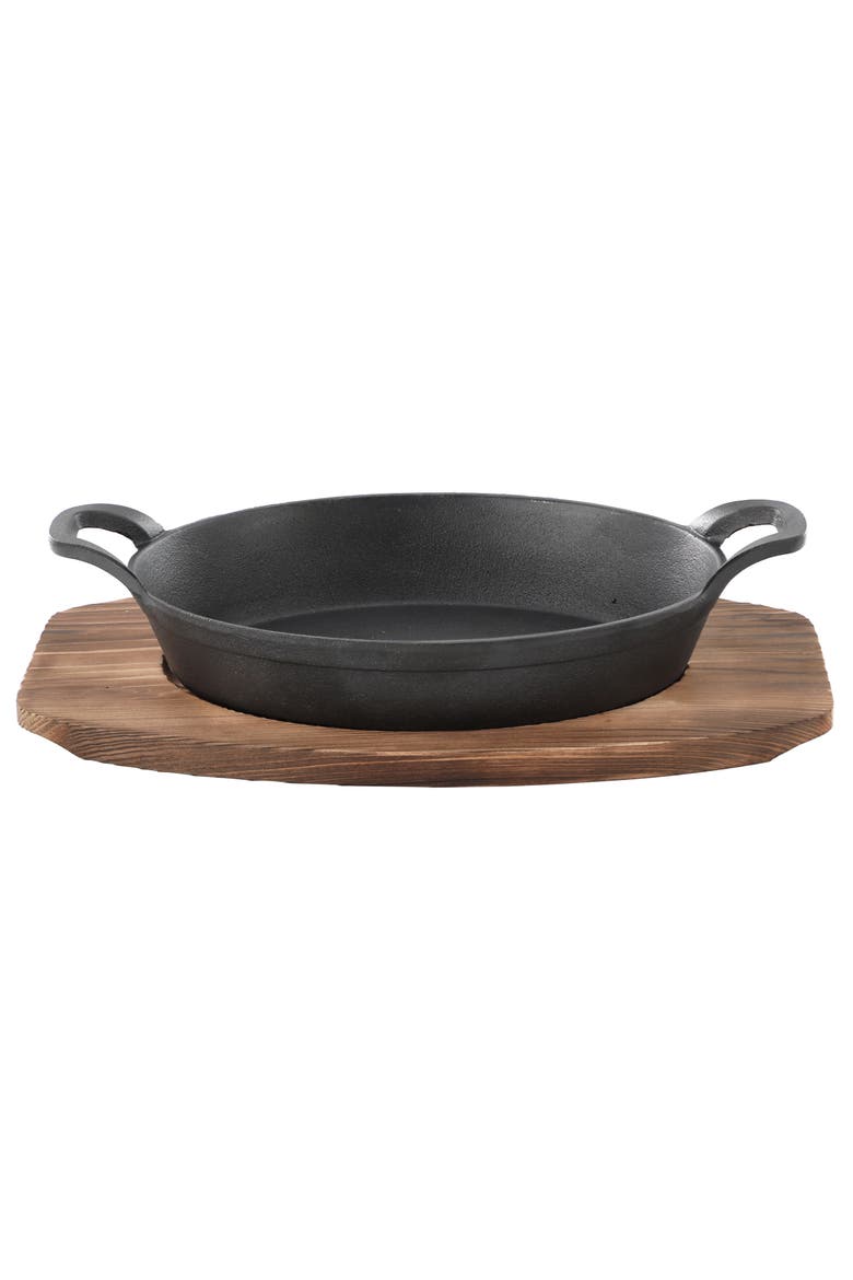 4 Piece Mini Cast Iron Oval Pan with Wood Tray Set, Alternate, color, Black