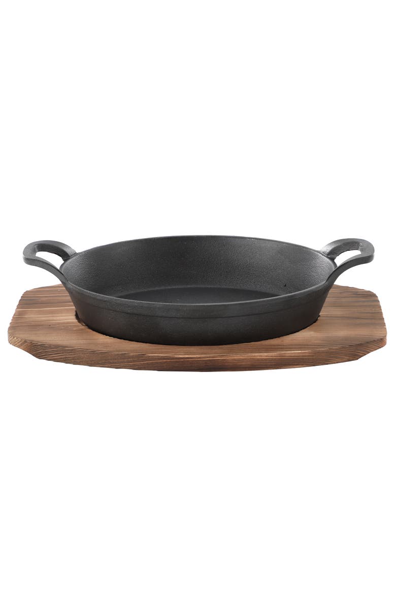 Megachef 4 Piece Mini Cast Iron Oval Pan with Wood Tray Set, Alternate, color, Black