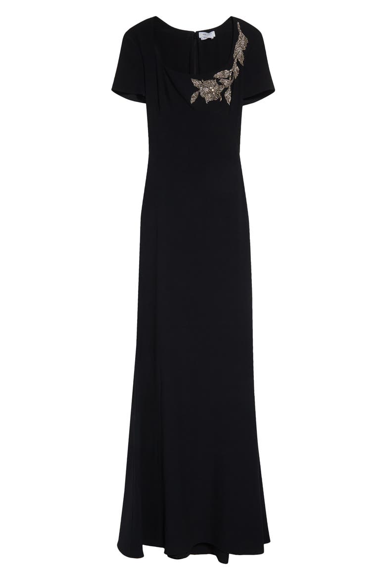 Banshee Embroidery Leaf Crepe Gown, Alternate, color, BLACK