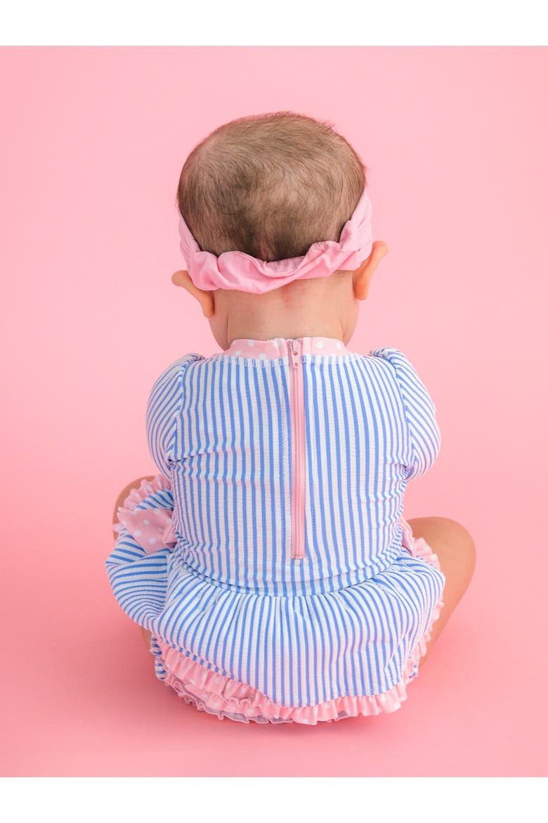 UPF50+ Seersucker Long Sleeve One Piece Bow Peplum Rash Guard Swimsuit, Alternate, color, Periwinkle Blue Seersucker