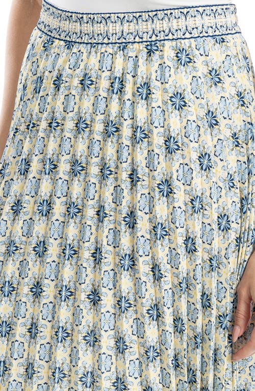 Max Studio Pleated Maxi Skirt In Cream Tile Blue Floral