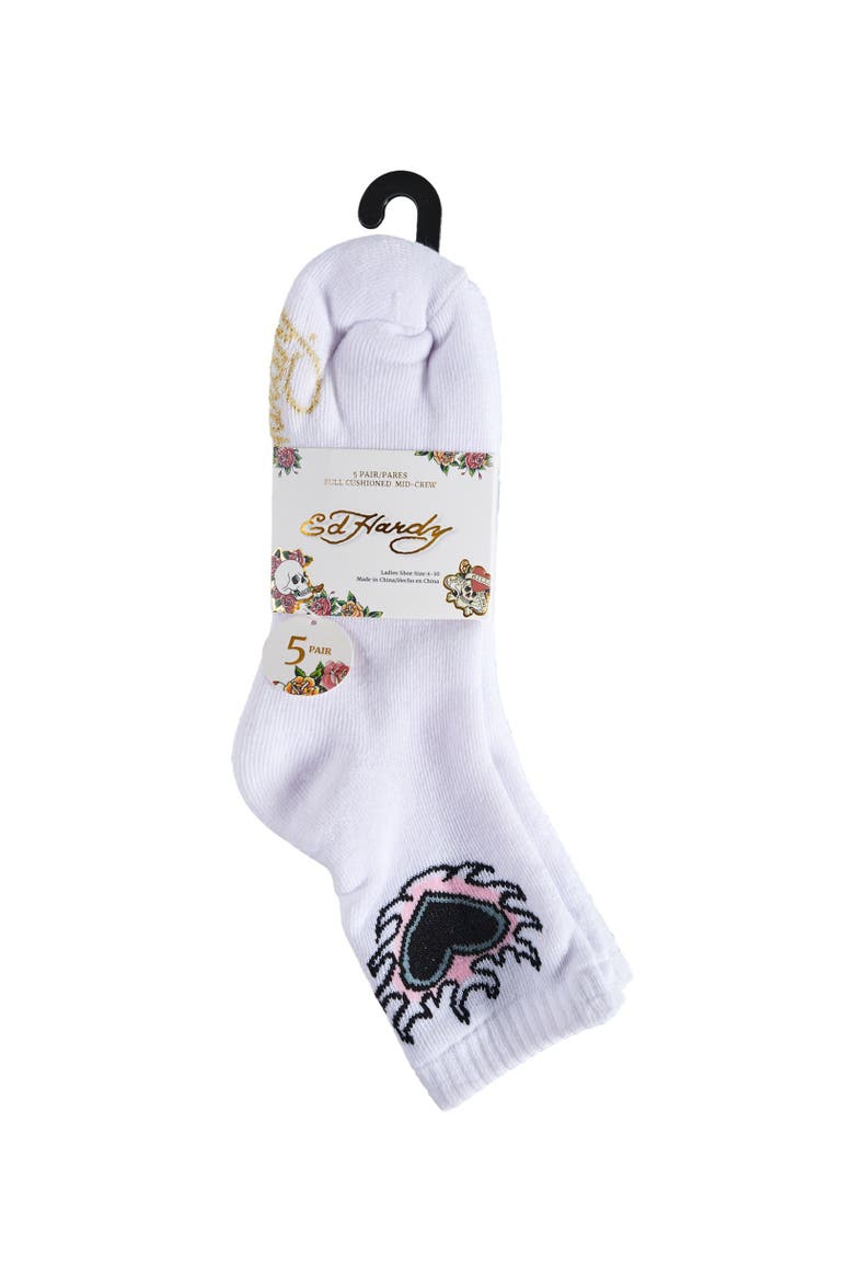 Heart Flame Print Full Cushion Mid Crew Sock 5-Pack, Alternate, color, White Multi