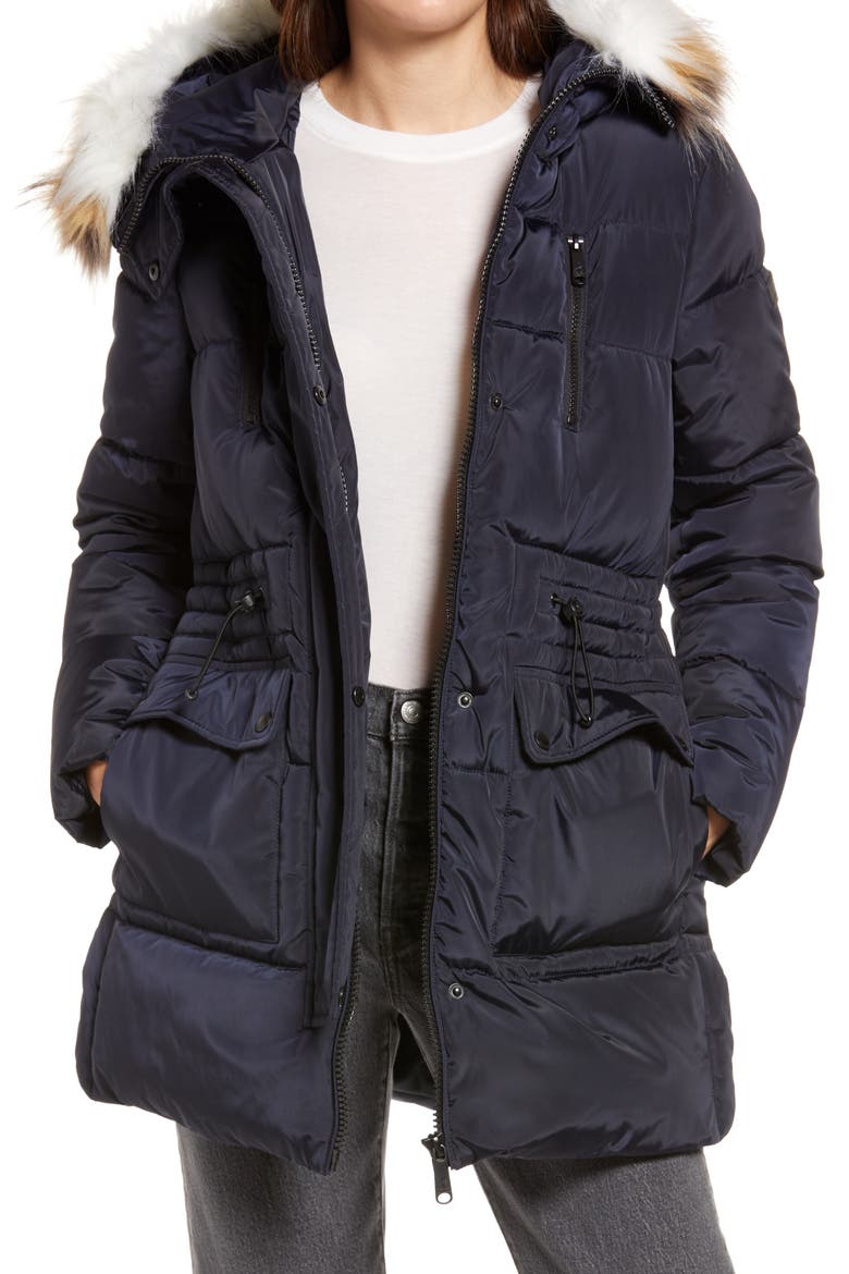 Water Repellent Parka with Removable Faux Fur Trim, Main, color, NAVY