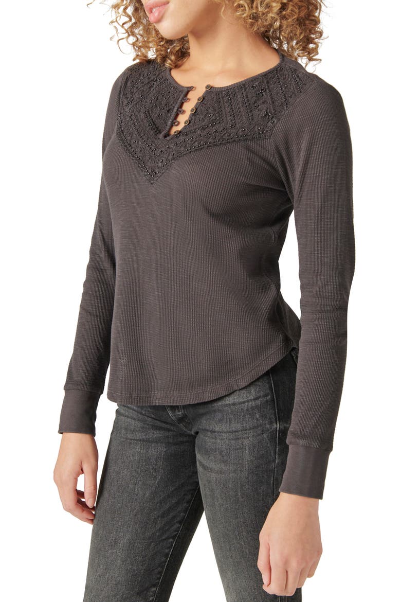 Long Sleeve Waffle Lace Top, Alternate, color, JET BLACK