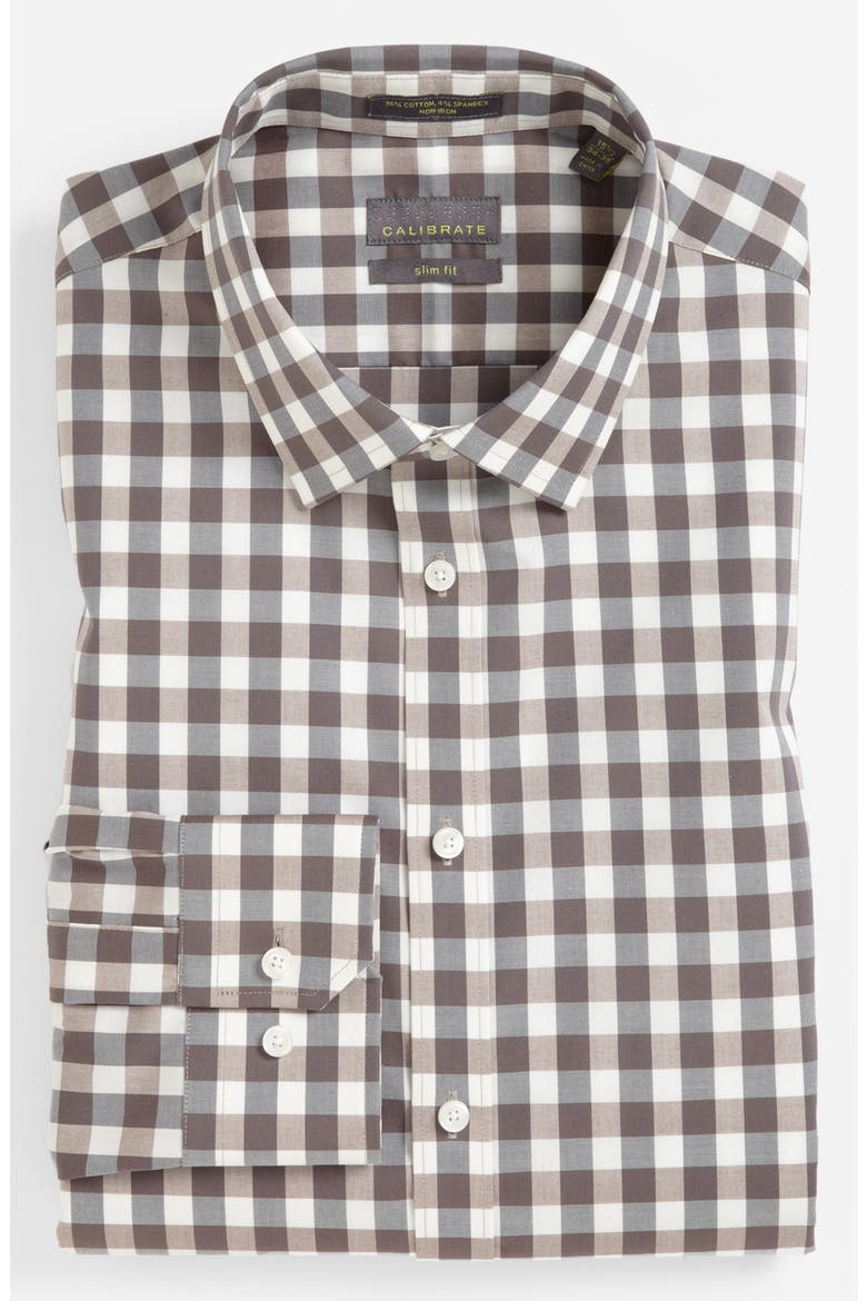 Extra Trim Fit Non Iron Gingham Dress Shirt, Main, color, BROWN GREY