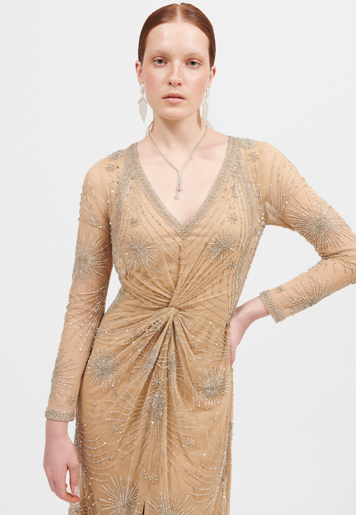 Beauut Embellished Sequin Beaded Maxi Dress With V-neck In Brown