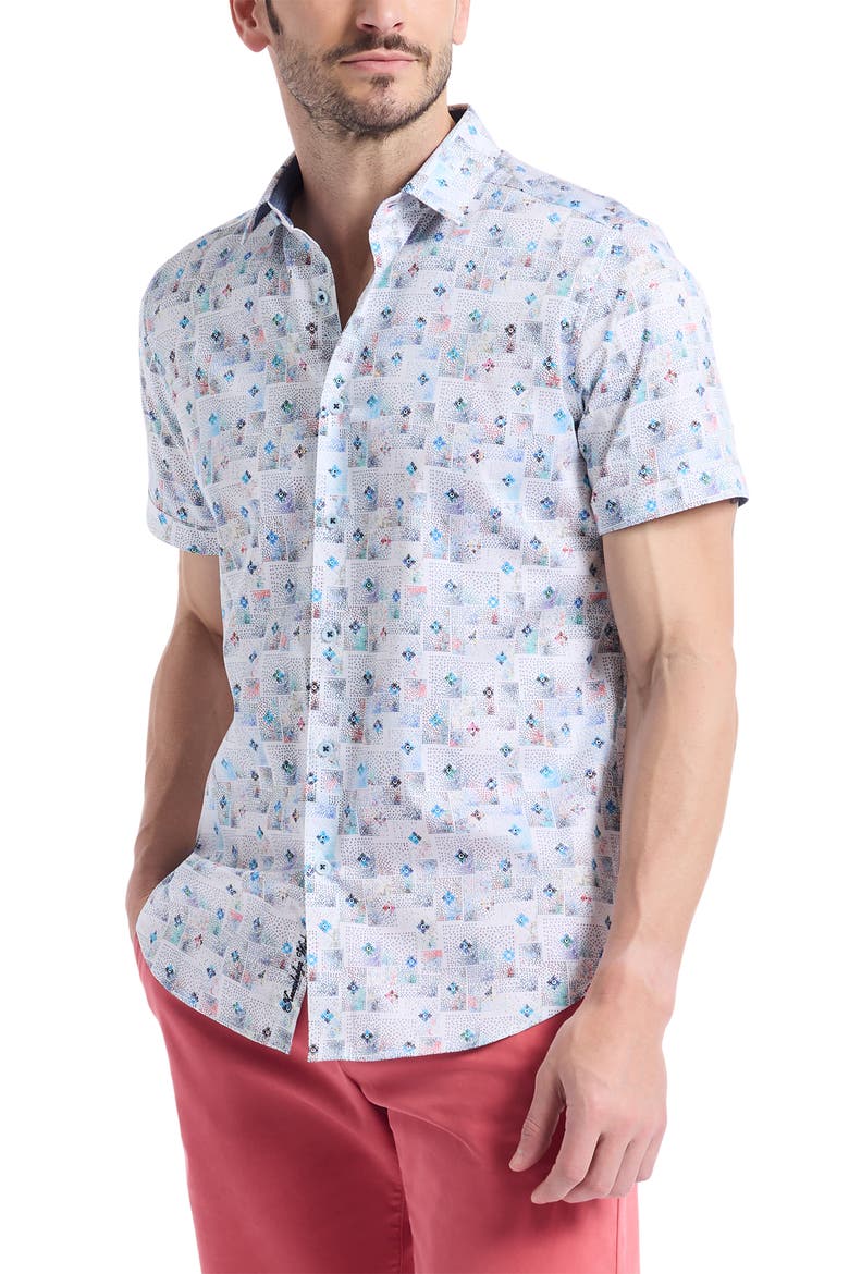 Embarcadero Short Sleeve Stretch Cotton Button-Up Shirt, Alternate, color, BLUE MULTI