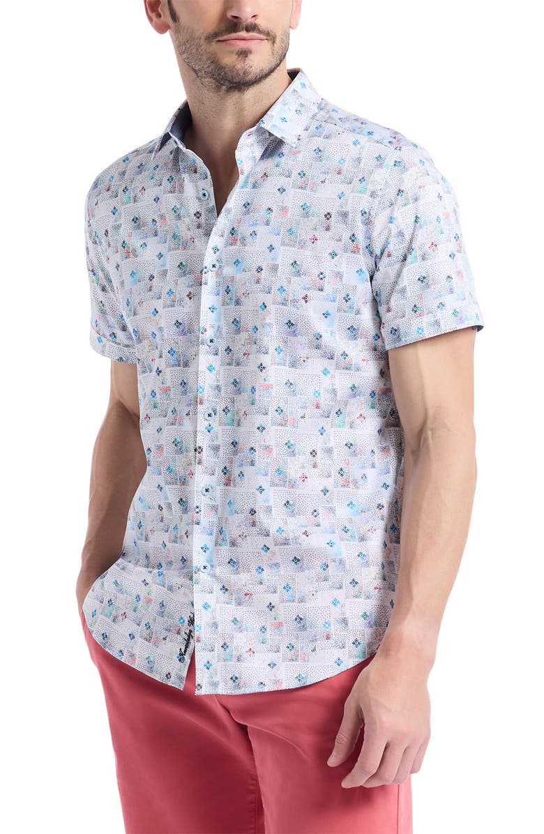 Robert Graham Embarcadero Short Sleeve Stretch Cotton Button-Up Shirt, Alternate, color, Blue Multi