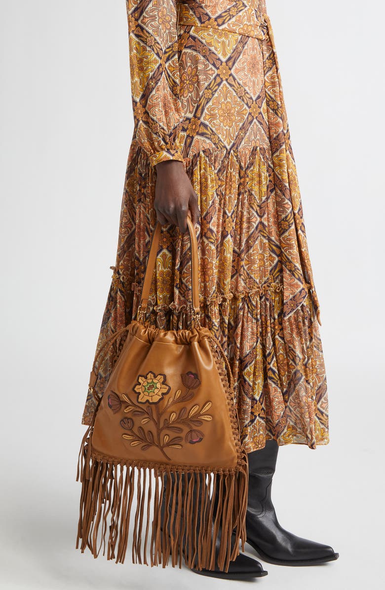 Etro Kalispera Embroidered Fringe Leather Shoulder Bag, Alternate, color, M0180 Dark Brown