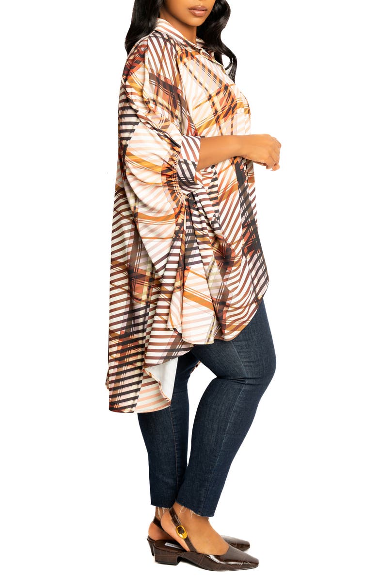 BUXOM COUTURE Mixed Geo Print High-Low Button-Up Shirt, Alternate, color, Brown Multi