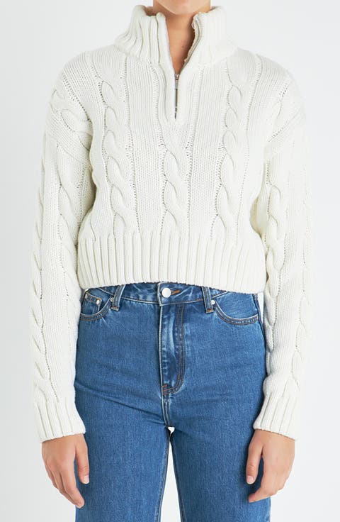 Cable Half Zip Crop Sweater