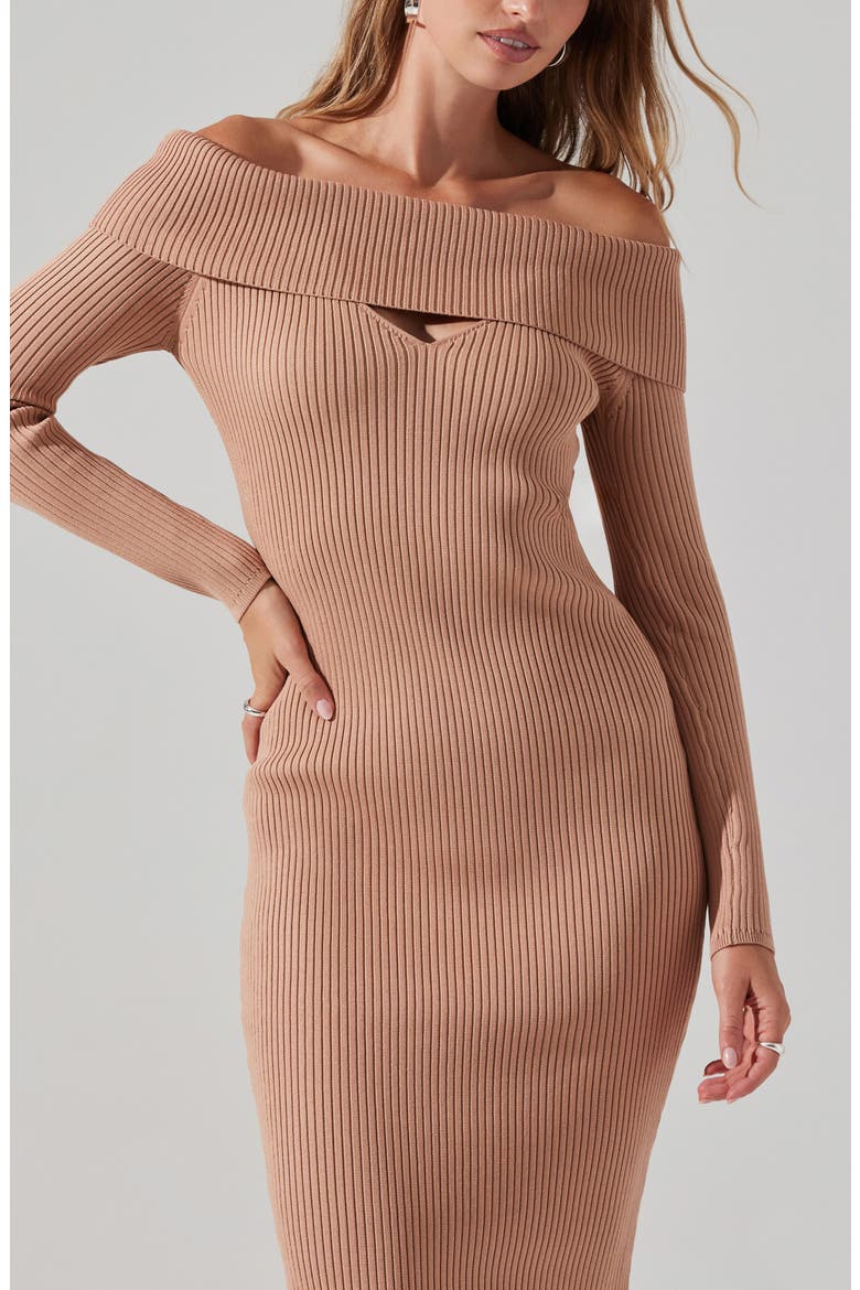 Cutout Off the Shoulder Long Sleeve Midi Sweater Dress, Alternate, color, TAN