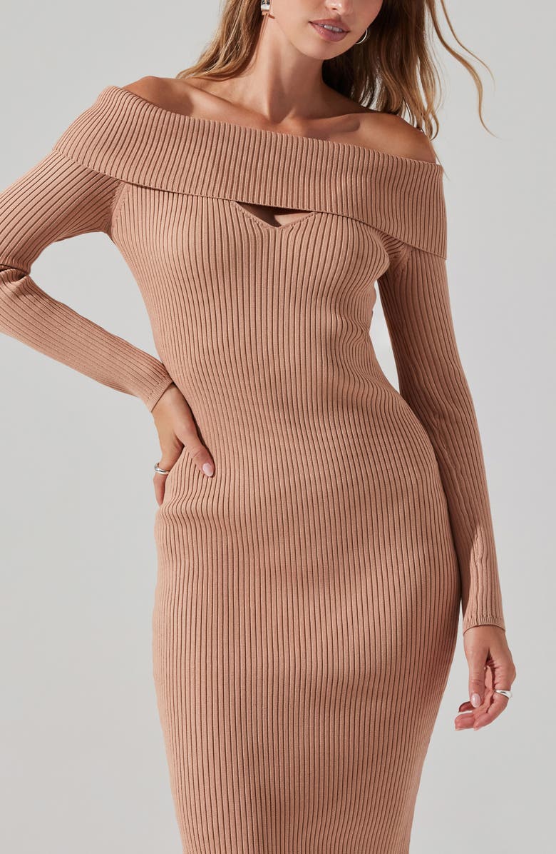 ASTR the Label Cutout Off the Shoulder Long Sleeve Midi Sweater Dress, Alternate, color, Tan