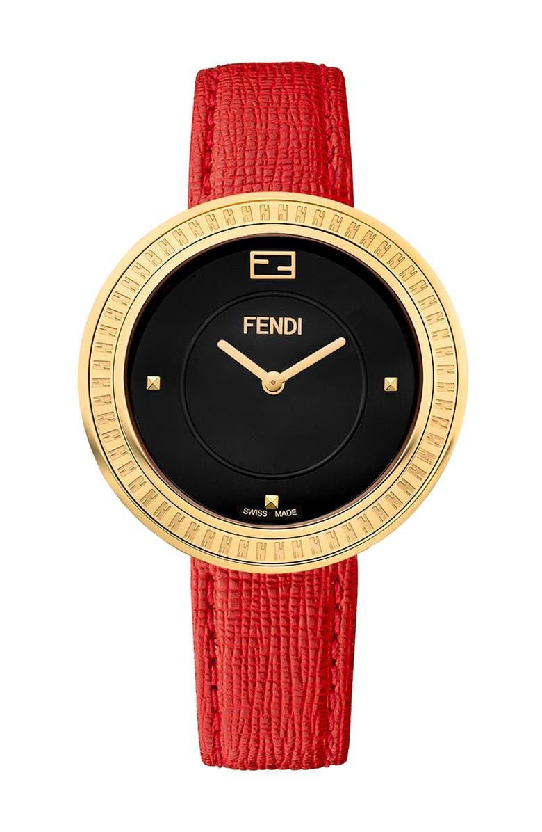 Fendi My Way Genuine Fox Fur Leather Strap Watch, 36mm, Main, color, 