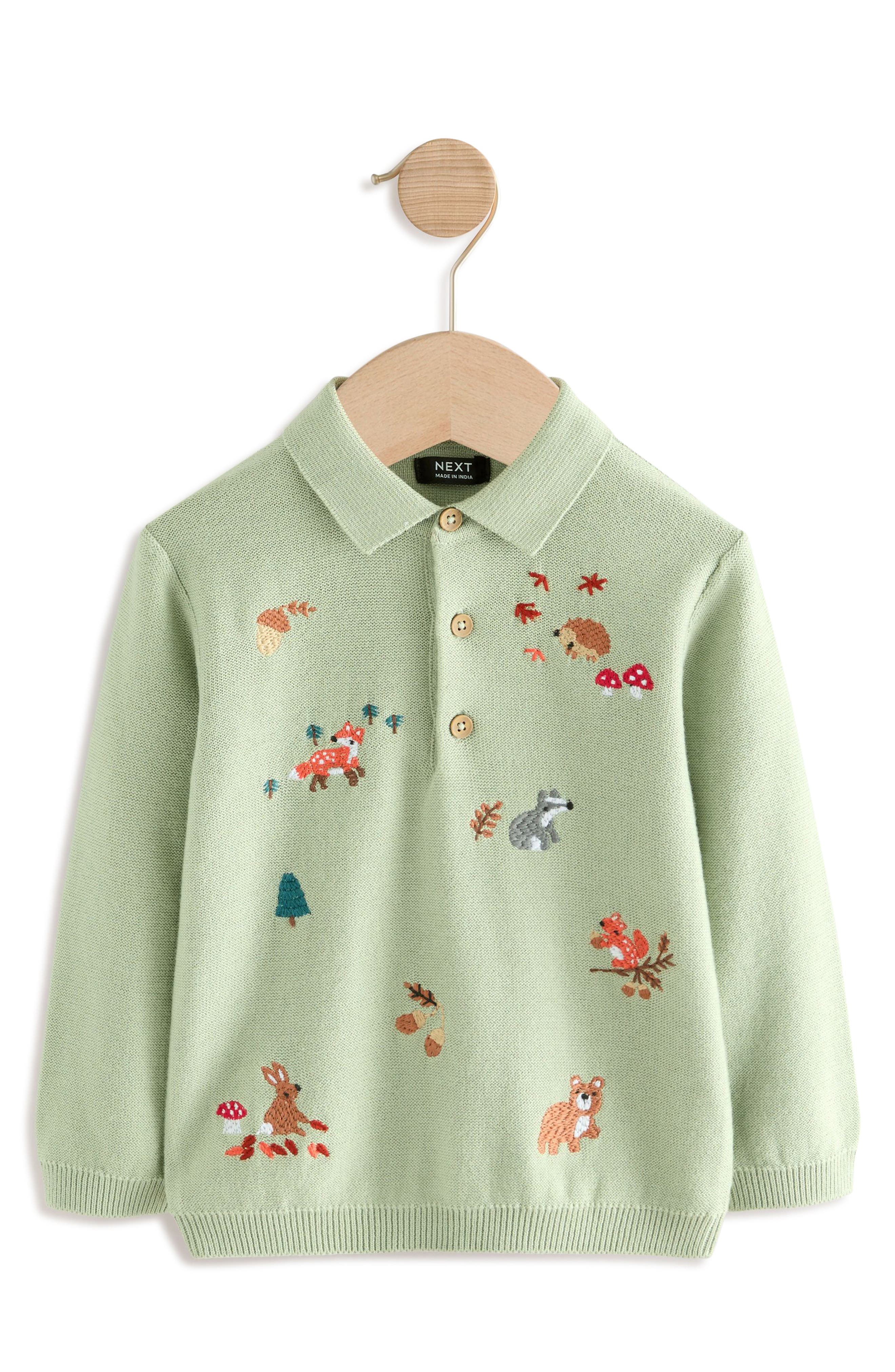 NEXT Kids' Embroidered Wildlife Long Sleeve Cotton Polo Sweater