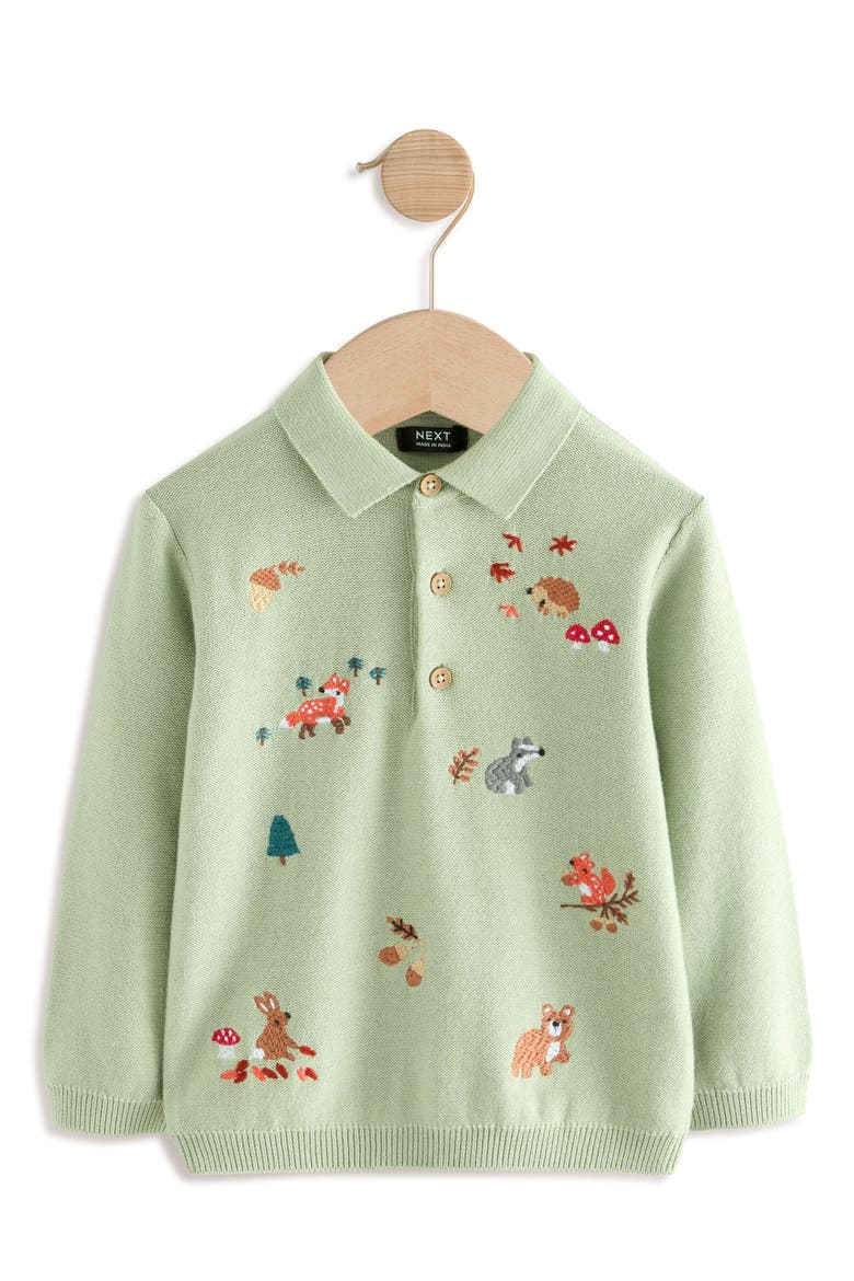 Kids' Embroidered Wildlife Long Sleeve Cotton Polo Sweater, Main, color, GREEN