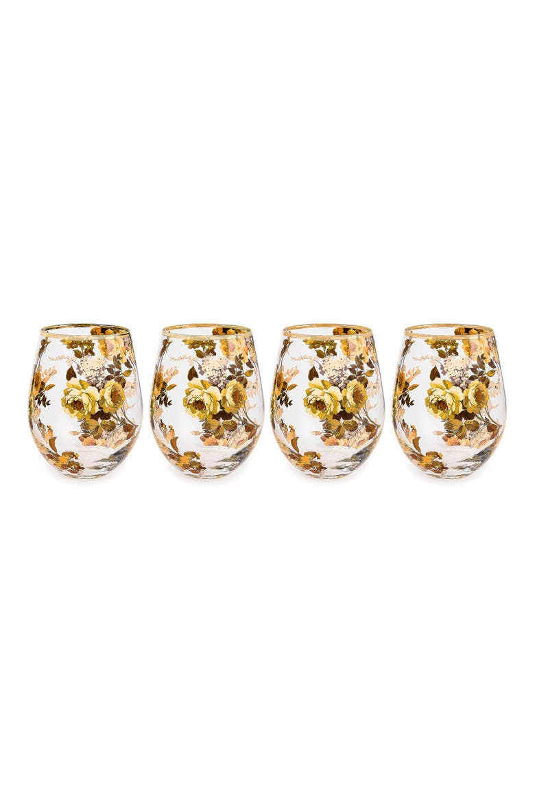 Set of 4 Wild Rose Stemless Wineglasses, Main, color, YELLOW