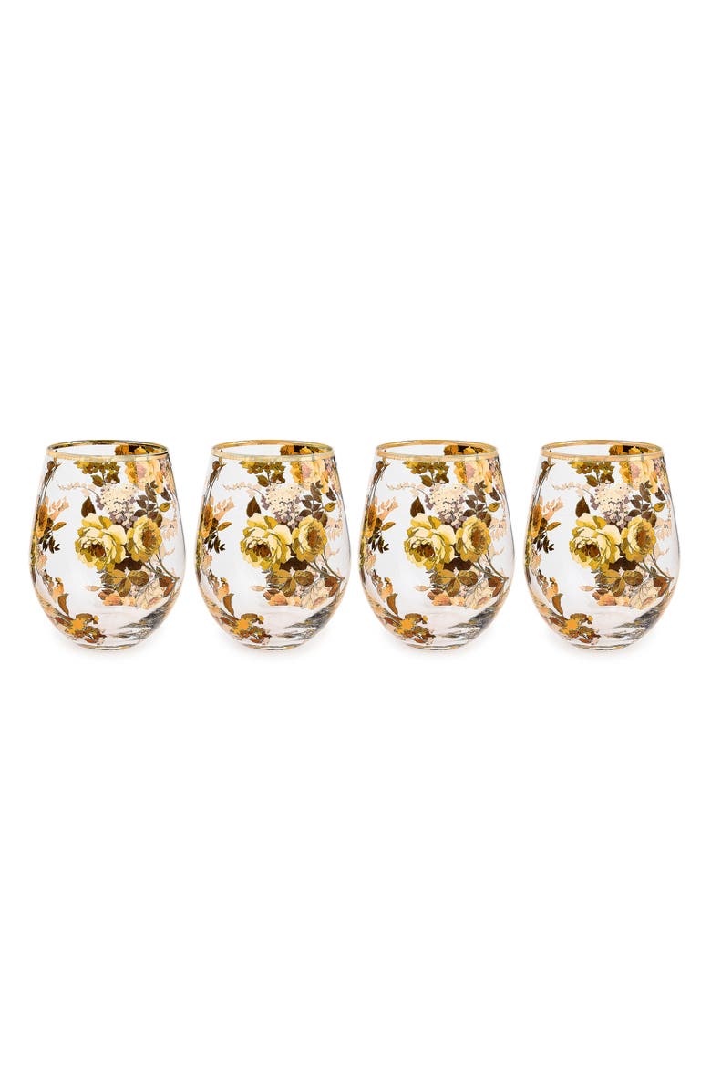 MACKENZIE CHILDS Set of 4 Wild Rose Stemless Wineglasses, Main, color, Yellow