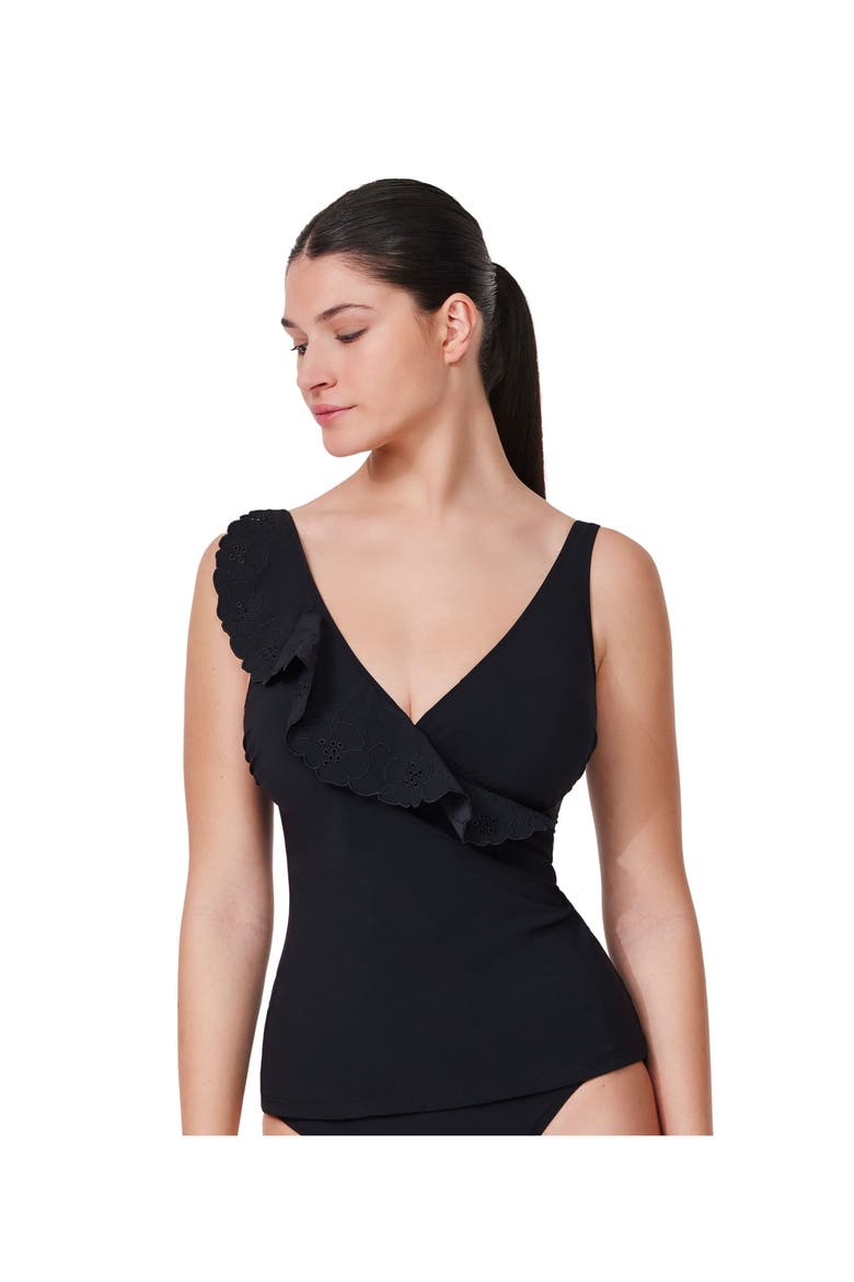 Bachelorette Ruffle V-Neck Surplice Tankini Top, Main, color, Black