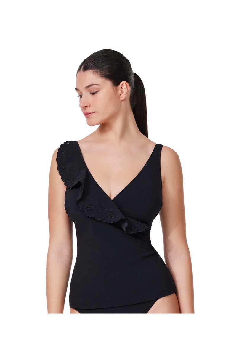 Profile by Gottex Bachelorette Ruffle V-Neck Surplice Tankini Top, Main, color, Black