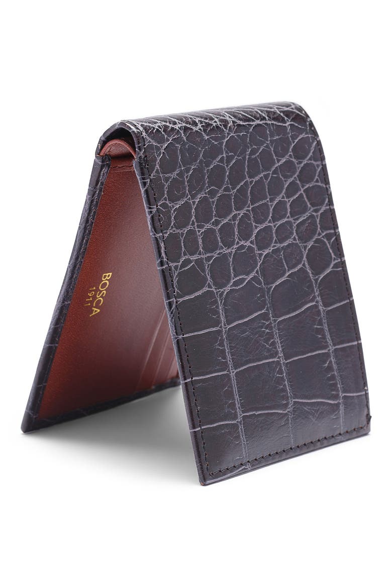 Croc Embossed Leather Small Bifold Wallet, Alternate, color, DARK BROWN