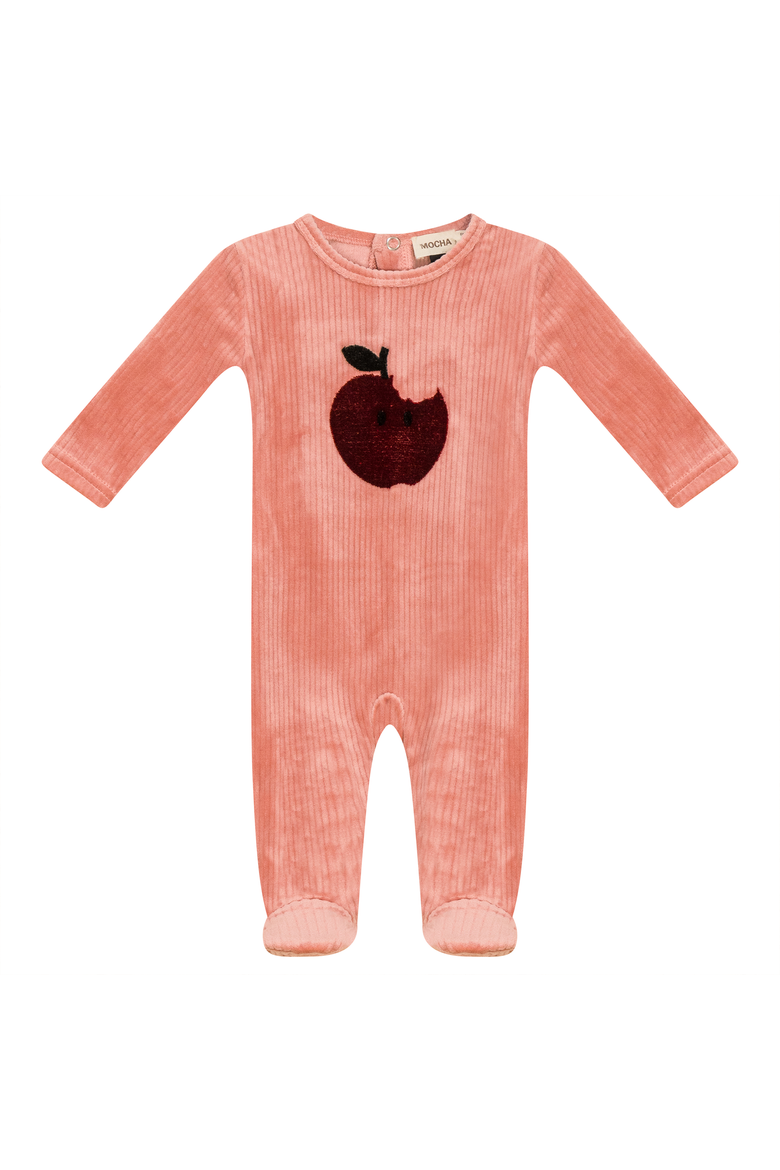 Apple Print Cotton Velour Romper, Main, color, Clay