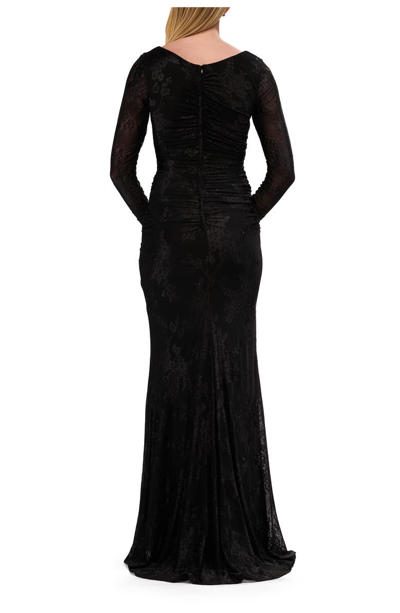 La Femme Chic Stretch Lace Evening Dress with Ruching and V Neckline, Alternate, color, Black