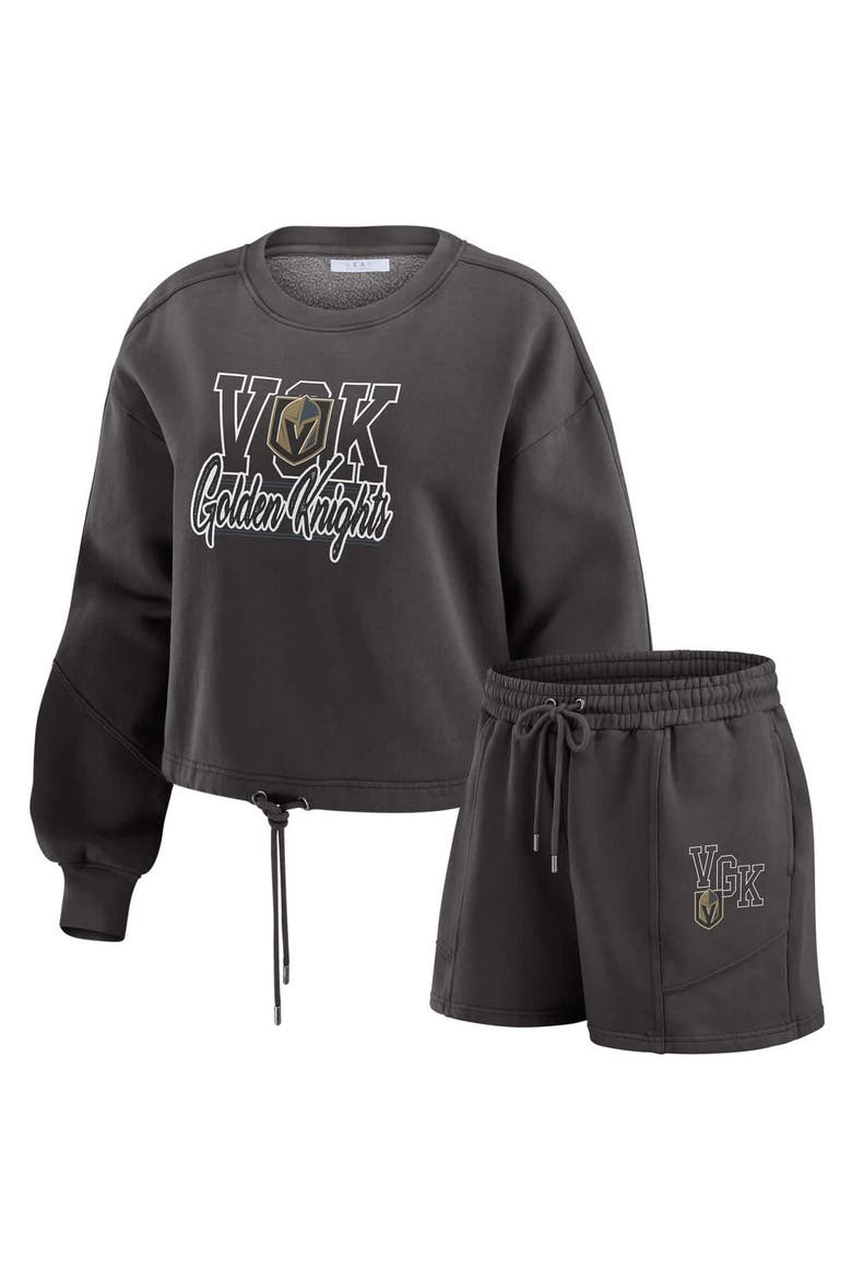 Women's WEAR by Erin Andrews Black Vegas Golden Knights Washed Fleece Sweatshirt & Shorts Lounge Set, Main, color, Black