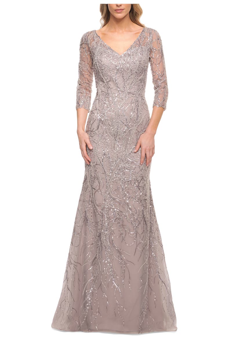 La Femme Stunning Lace Beaded Gown with Illusion Sleeves, Alternate, color, Lavender/Gray