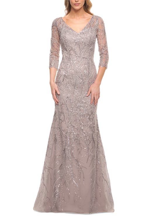 La Femme Stunning Lace Beaded Gown With Illusion Sleeves
