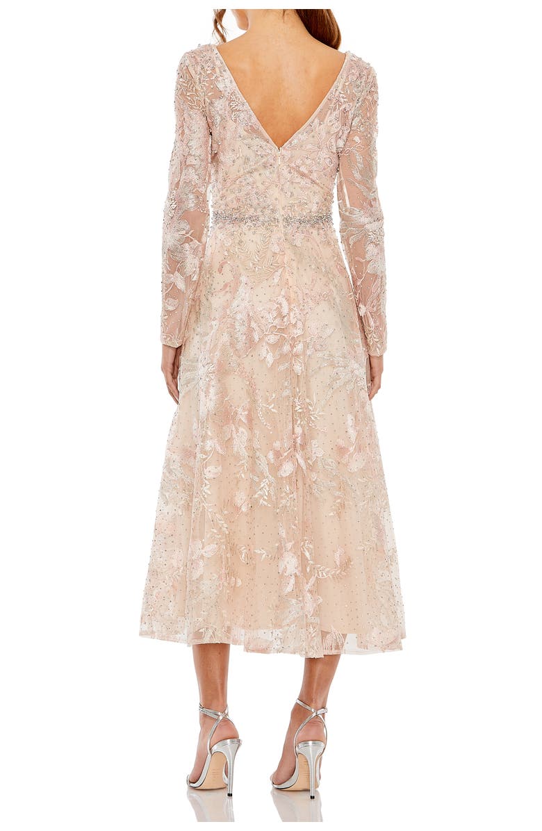 Mac Duggal Beaded Embroidered Long Sleeve V Neck Midi Dress, Alternate, color, Blush