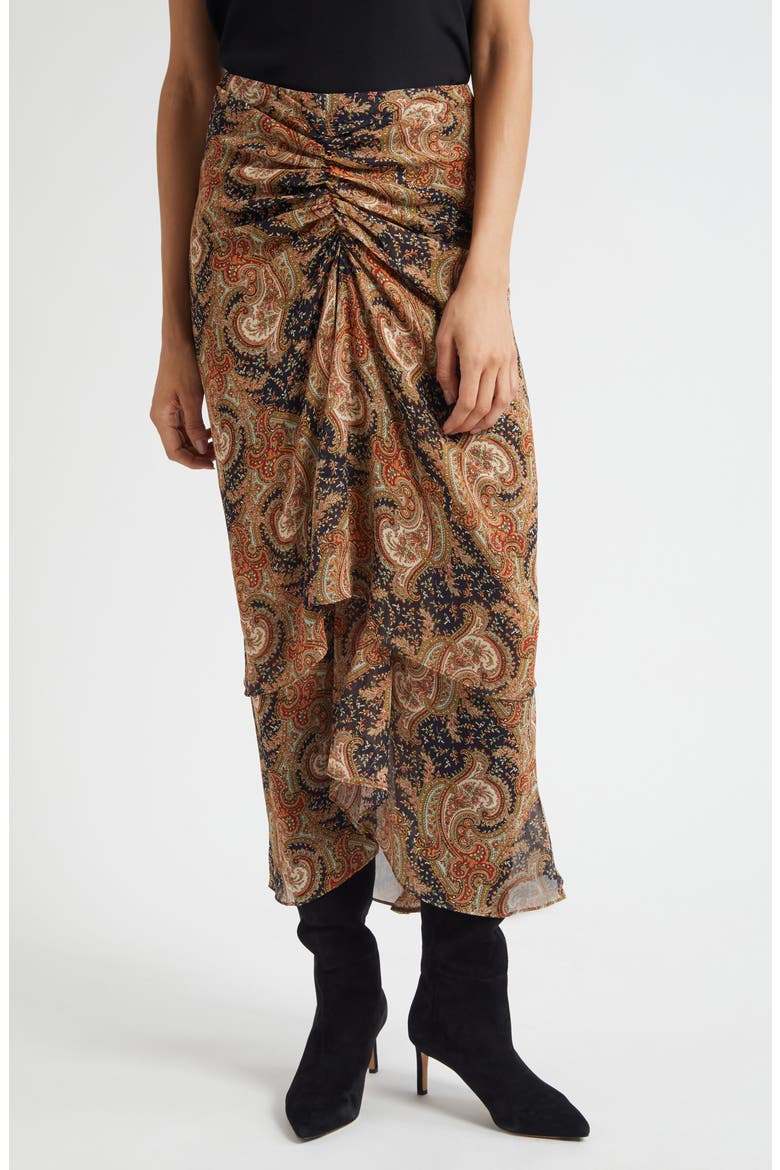 Sira Paisley Print Ruffle Silk High-Low Skirt, Main, color, NAVY/ RUST MULTI