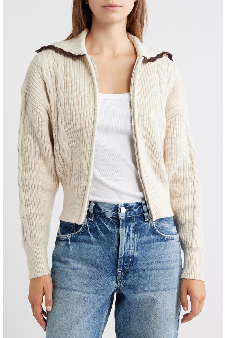 Lune Cable Knit & Rib Cotton Blend Cardigan, Alternate, color, HEATHER OAT CHOCOLATE