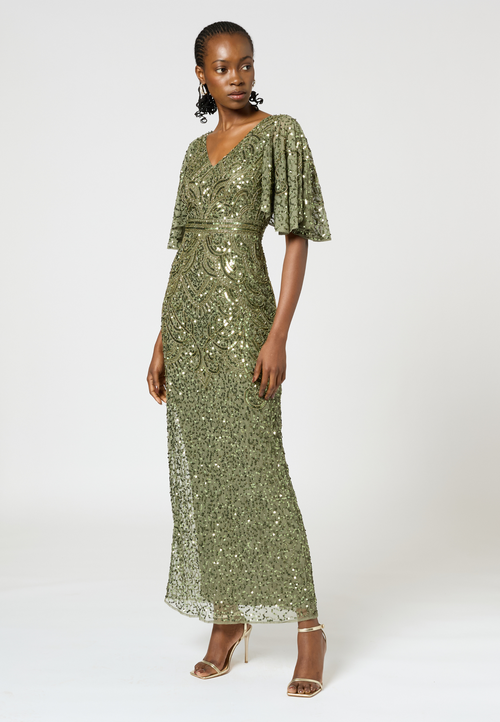 Beauut Embellished Sequin Beaded V Neck With Shor Sleeves Dress In Olive