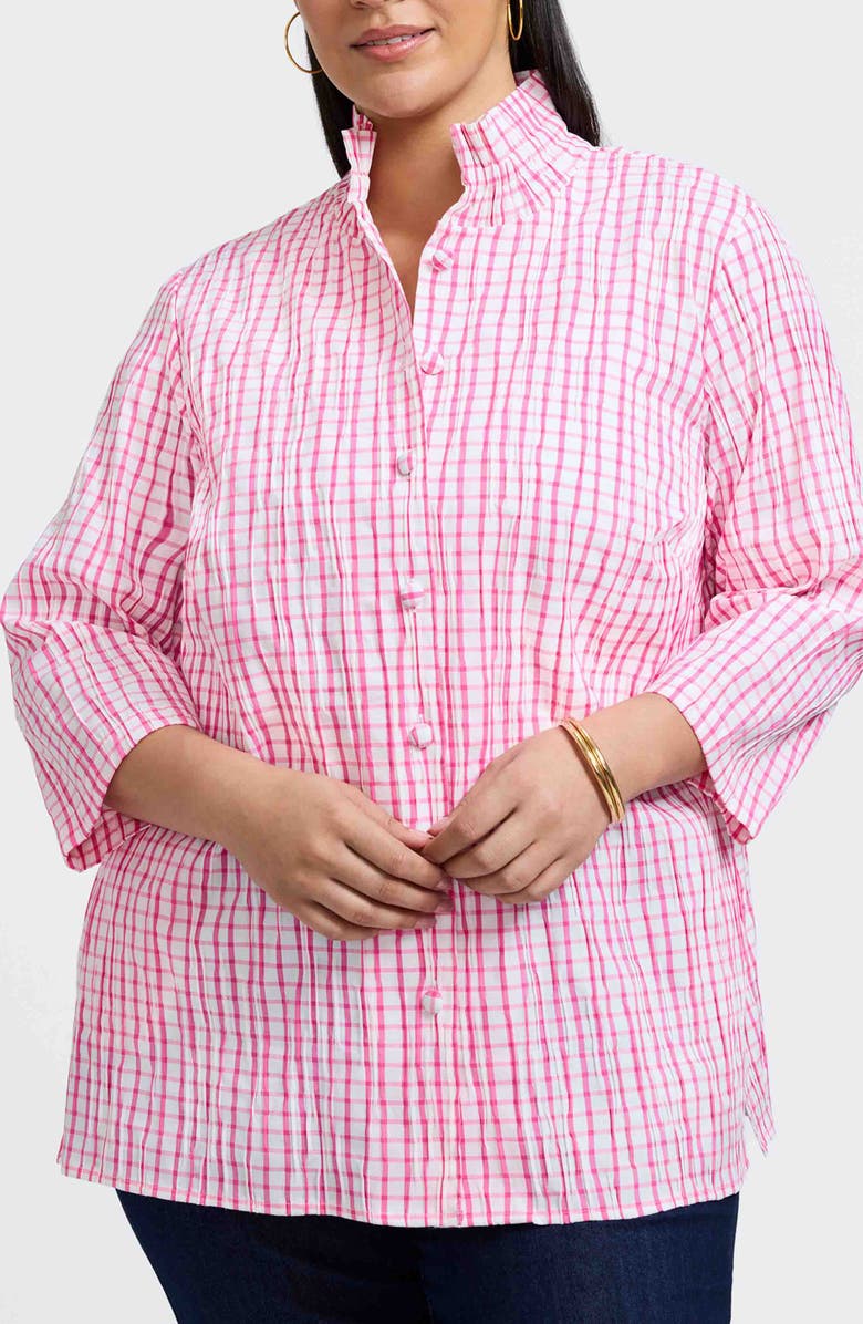 Foxcroft Carolina Crinkled Gingham Cotton Blend Shirt Jacket, Main, color, White/ Bombshell