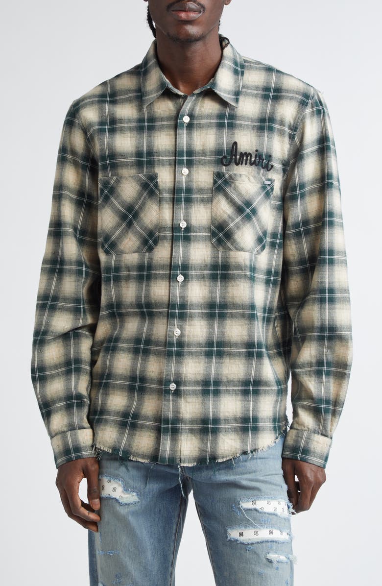 AMIRI Shotgun Distressed Plaid Flannel Button-Up Shirt, Main, color, Evergreen