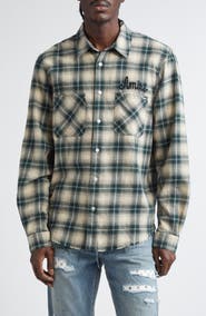 AMIRI Shotgun Distressed Plaid Flannel Button-Up Shirt
