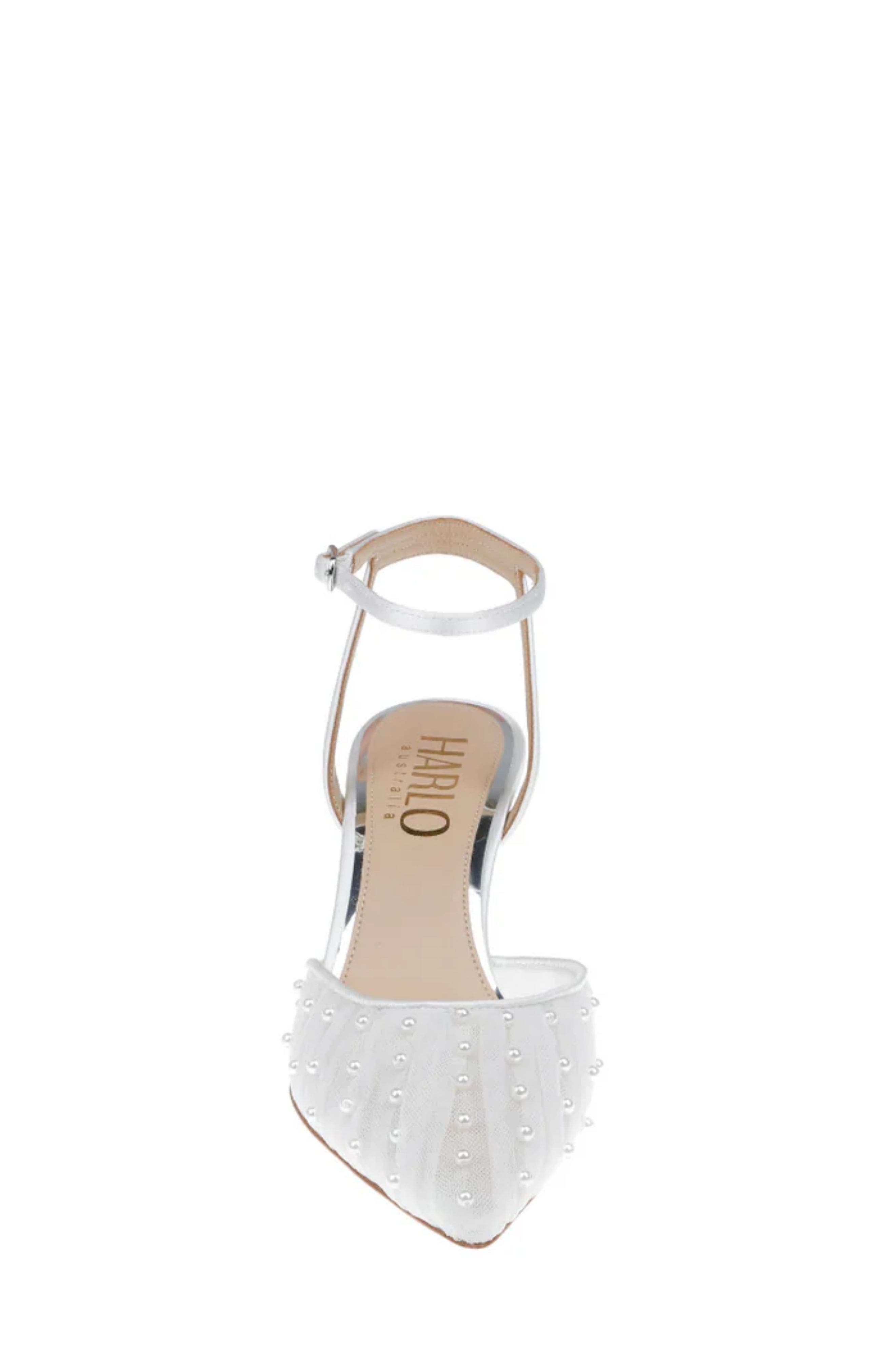 HARLO Australia Ellie - Tulle Bridal Kitten Heel with Handsewn Pearls, Alternate, color, Soft White Satin