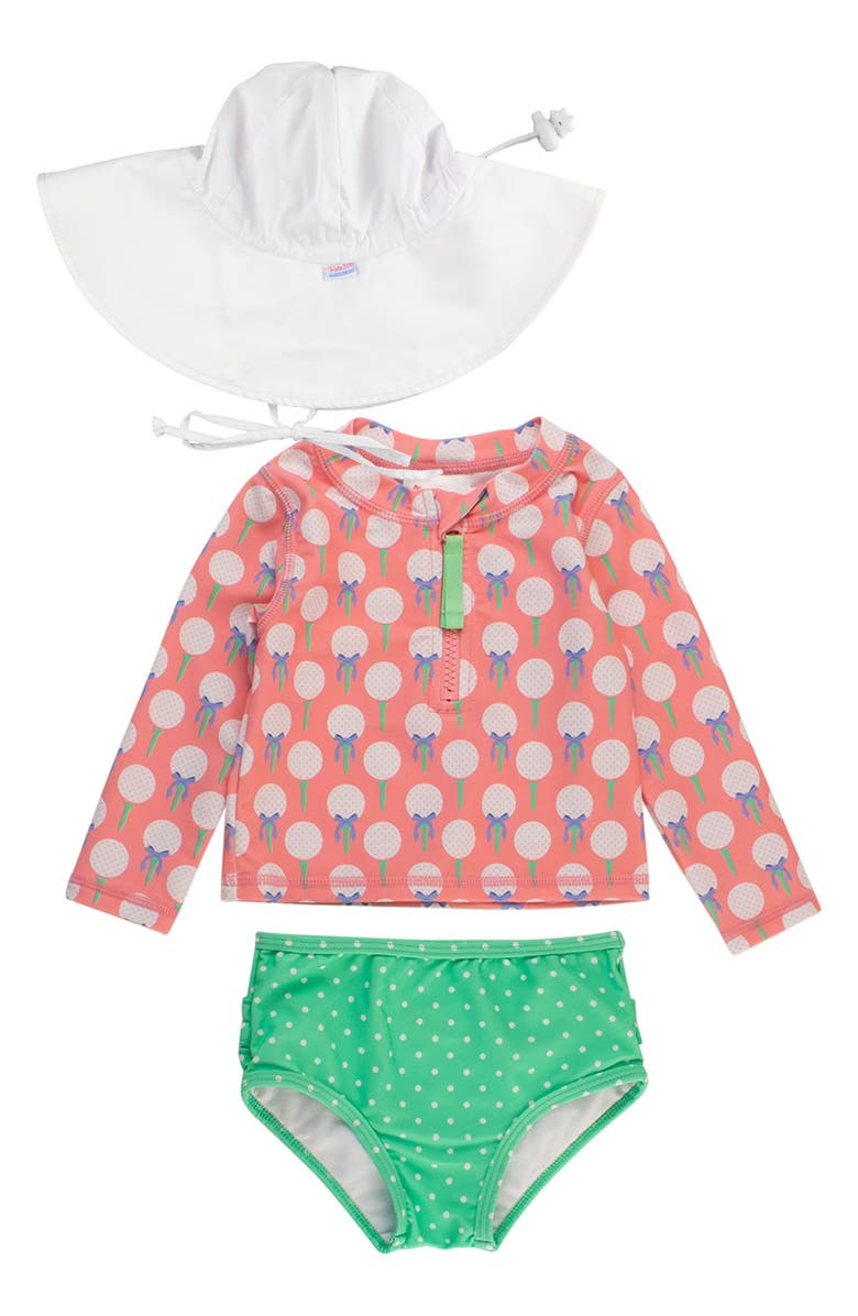RuffleButts Ruffle Long Sleeve Two-Piece Rashguard Swimsuit & Hat Set, Main, color,