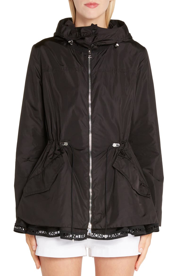Loty Cinch Waist Rain Jacket, Main, color, BLACK
