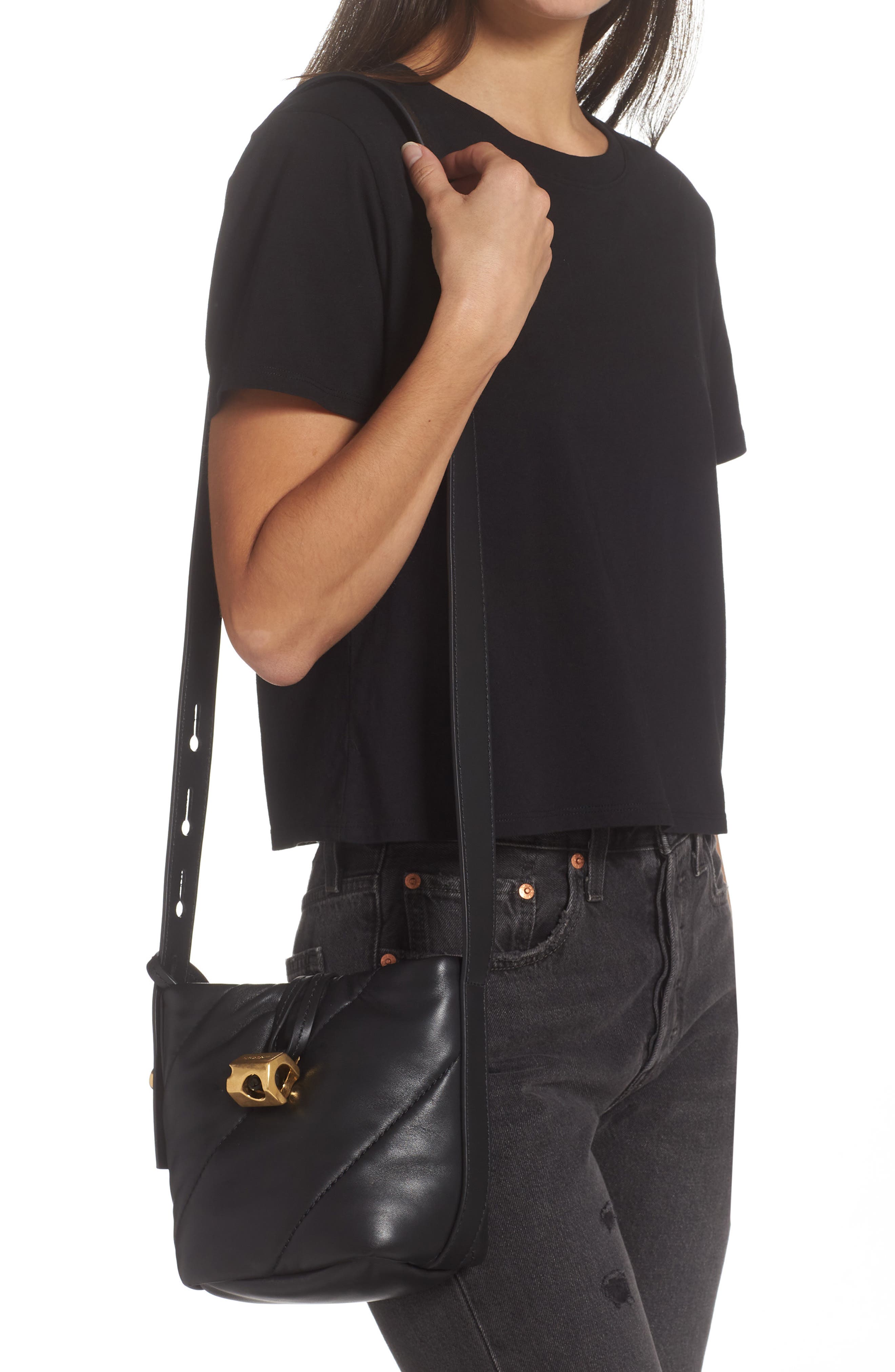 Nailed Quilted Leather Bucket Bag, Alternate, color, BLACK