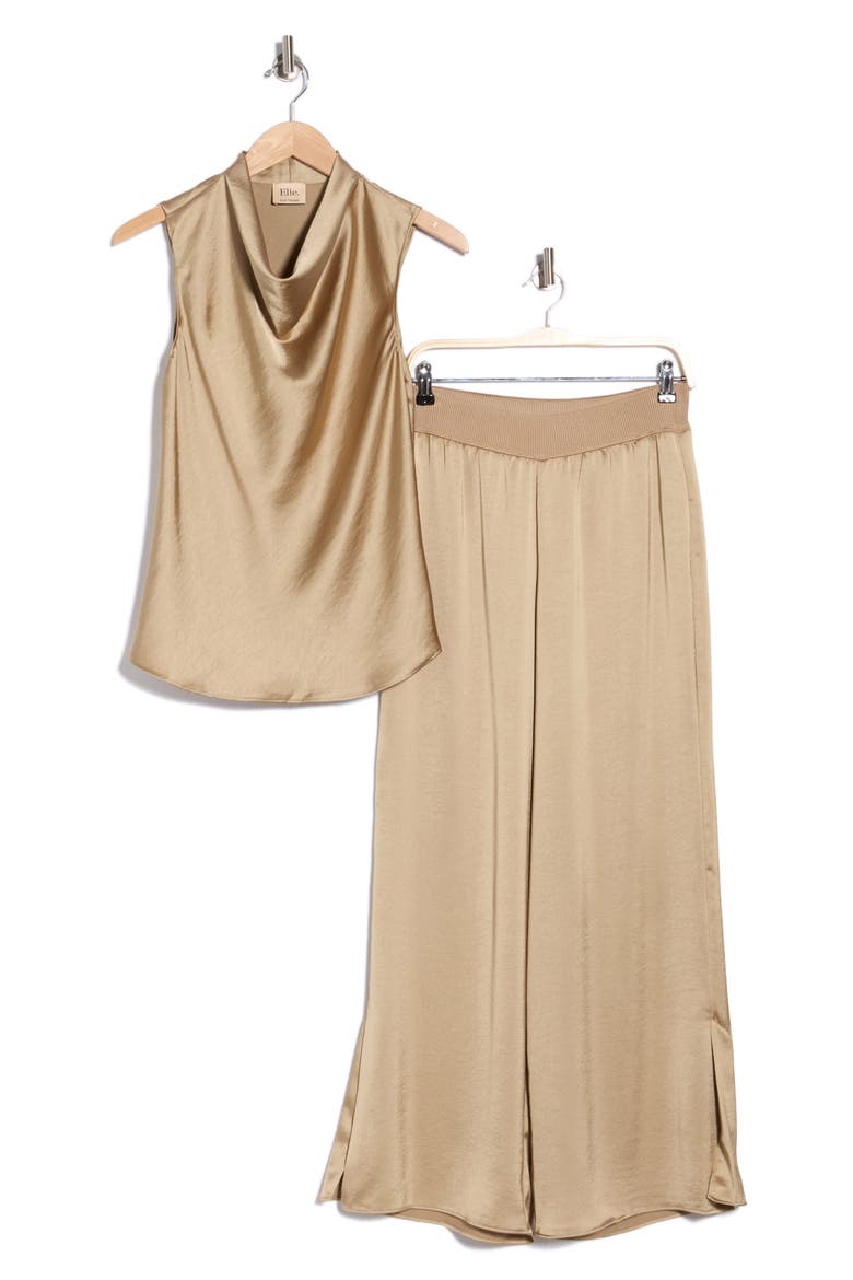 Satin Cowl Neck Top & Pants Set, Main, color, BRONZE