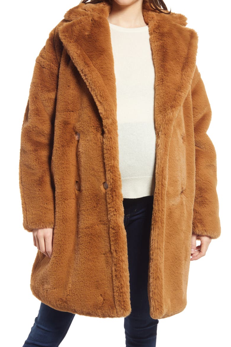Annabette Faux Fur Maternity Coat, Main, color, TOBACCO