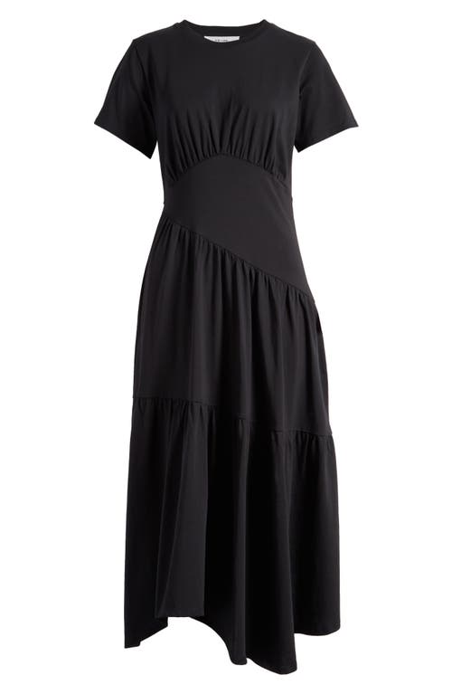 Frame Gathered Seam Short Sleeve Dress In Black In Black