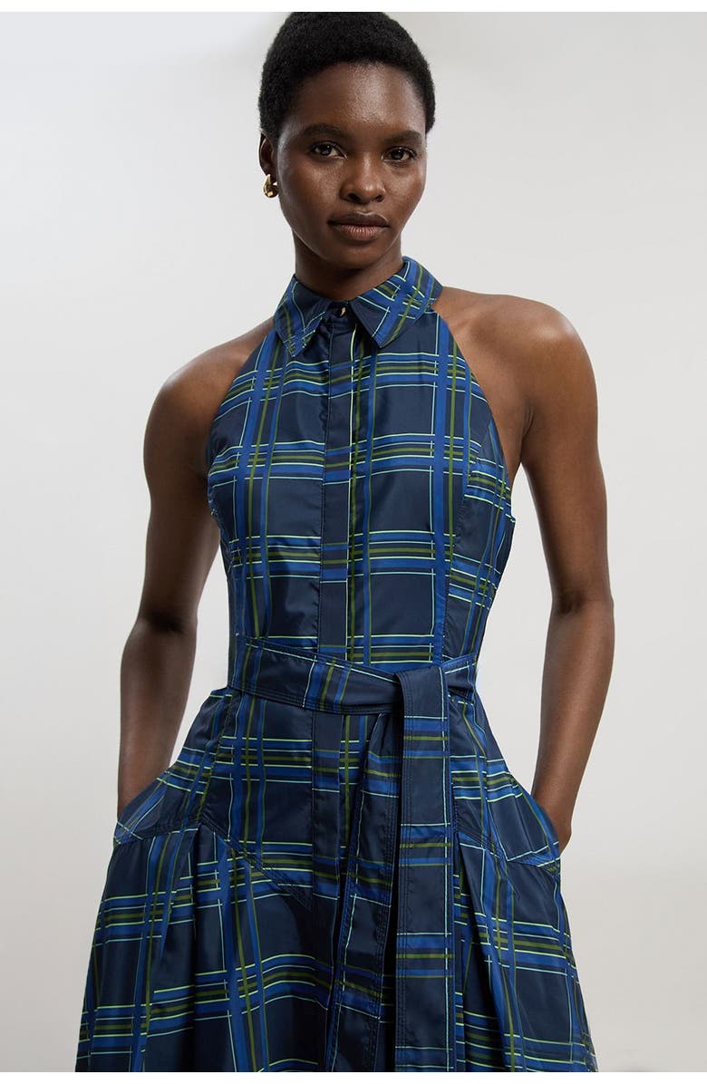 Karen Millen Check Taffeta Belted Maxi Shirt Dress, Alternate, color, Navy