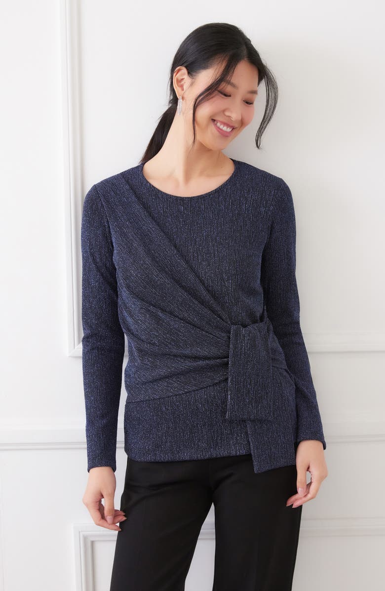 Karen Kane Metallic Knit Side Drape Long Sleeve Top, Alternate, color, Navy