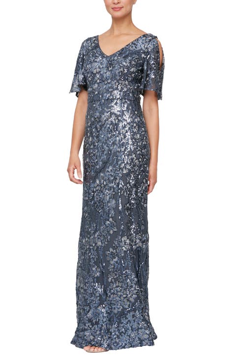 Sequin Lace Cold Shoulder Trumpet Evening Gown