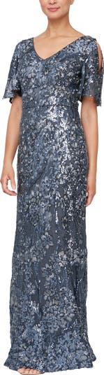 Sequin Lace Cold Shoulder Trumpet Evening Gown
