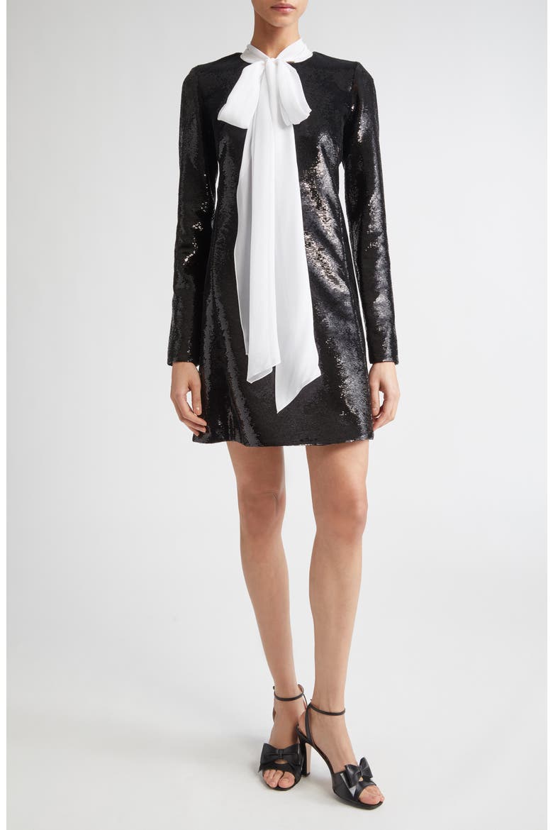 Bow Neck Long Sleeve Sequin Minidress, Main, color, BLACK