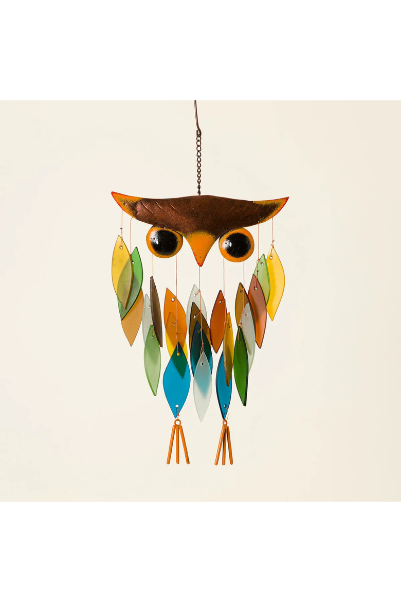 Owl Wind Chime, Alternate, color, Multicolored Glass Feathers